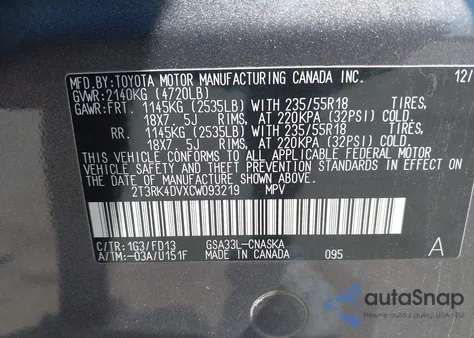 2012 Toyota Rav4 Sport V6 z USA, uszkodzony, nr VIN 2T3RK4DVXCW093219